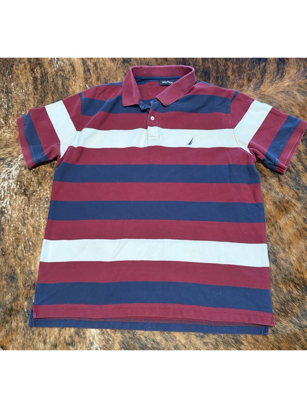 Nautica Men's XL Polo Shirt Striped Short Sleeve Cotton Burgundy Navy Blue Y2K
